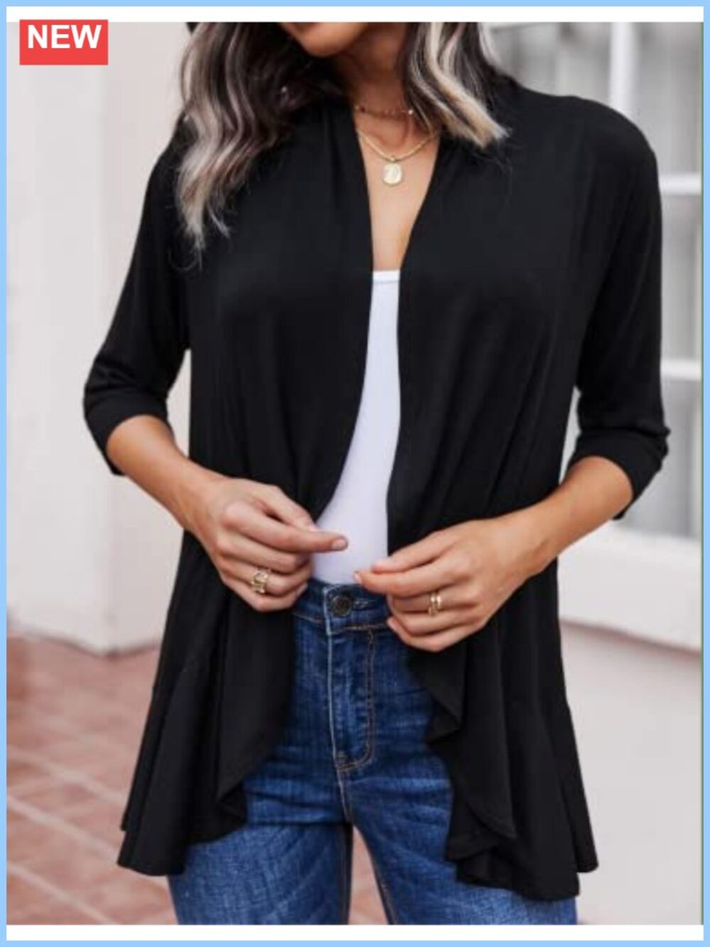 Lightweight Open Front Cardigan 3/4 Sleeve Ruffled Draped Ruffles - Picture 2 of 6